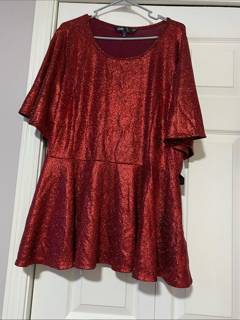 Lularoe Emma Glitter Peplum Top in Metallic Red